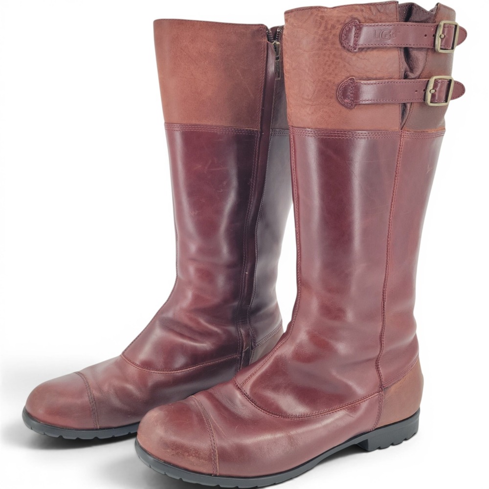 UGG Barolo Tall Leather Riding Boots Women 9 Brown Shearling Lined Equestrian